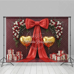 Aperturee - Aperturee Valentine’s Day Photography Backdrop Red Bow Gold Heart Balloon Background Luxury Gift Photo Prop