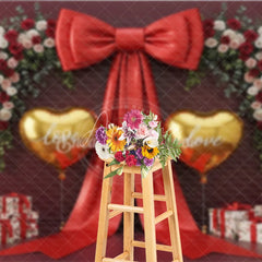 Aperturee - Aperturee Valentine’s Day Photography Backdrop Red Bow Gold Heart Balloon Background Luxury Gift Photo Prop