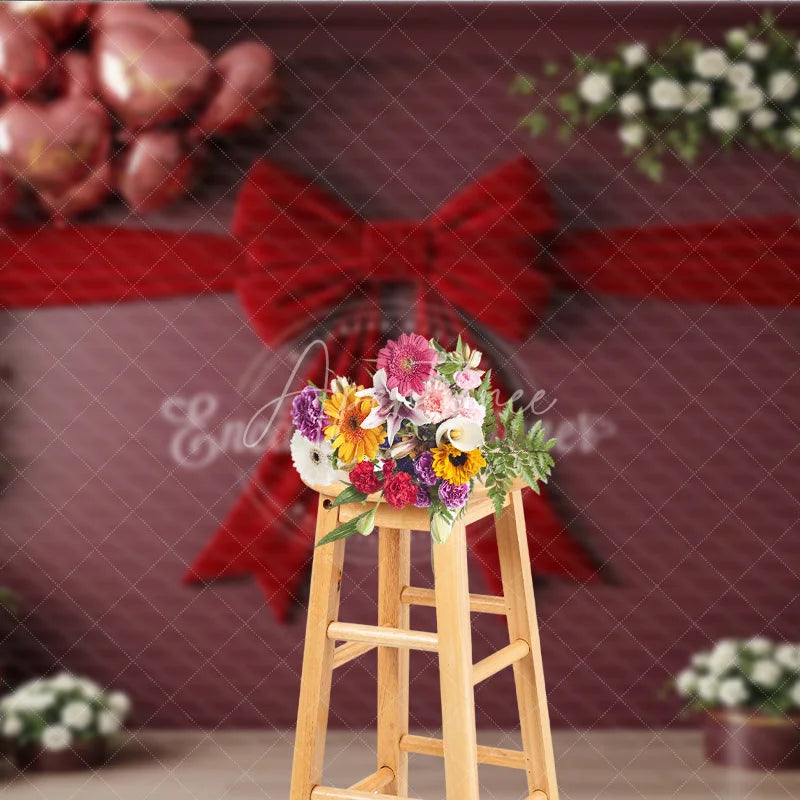 Aperturee - Aperturee Valentine’s Day Photography Backdrop Red Velvet Bow White Rose Background Romantic Floral Photo Prop