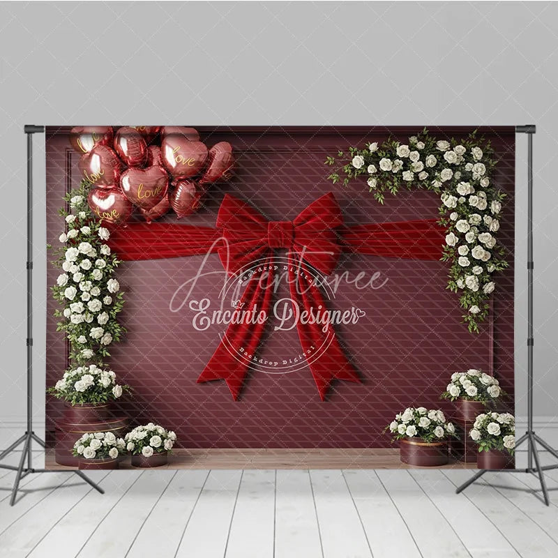 Aperturee - Aperturee Valentine’s Day Photography Backdrop Red Velvet Bow White Rose Background Romantic Floral Photo Prop