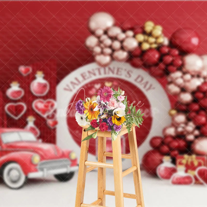 Aperturee - Aperturee Valentine’s Day Photography Backdrop Red Vintage Car Love Potion Background Romantic Balloon Arch Photo Prop