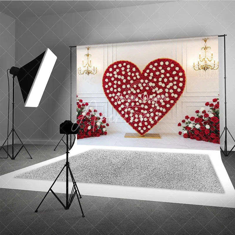 Aperturee - Aperturee Valentine’s Day Photography Backdrop Red White Rose Heart Background Luxury Chandelier Photo Prop