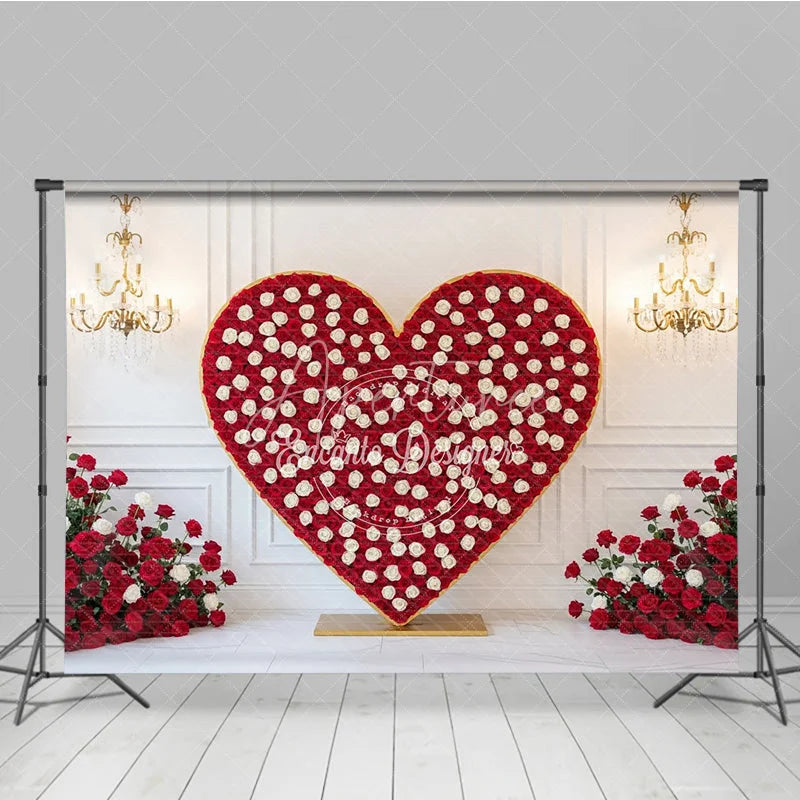 Aperturee - Aperturee Valentine’s Day Photography Backdrop Red White Rose Heart Background Luxury Chandelier Photo Prop