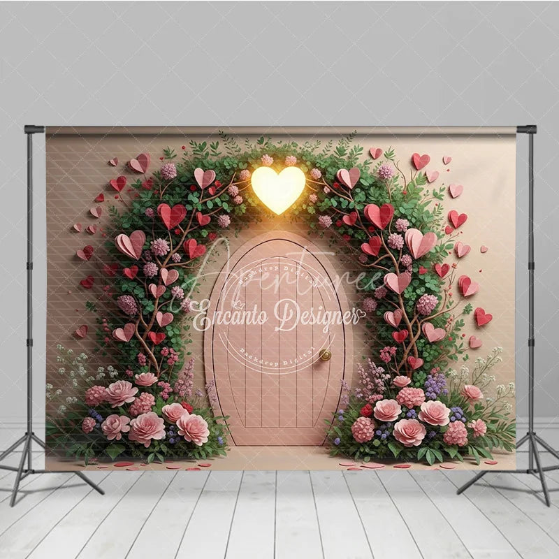 Aperturee - Aperturee Valentine’s Day Photography Backdrop Secret Garden Pink Door Heart Background Floral Vine Photo Prop