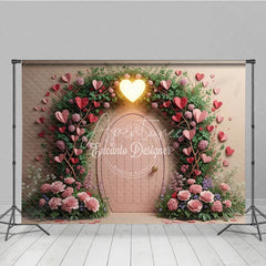 Aperturee - Aperturee Valentine’s Day Photography Backdrop Secret Garden Pink Door Heart Background Floral Vine Photo Prop