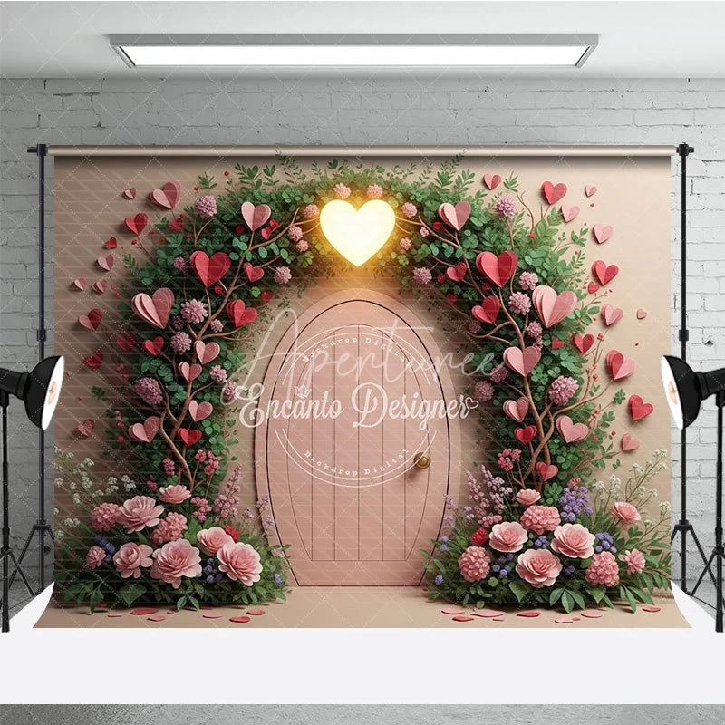 Aperturee - Aperturee Valentine’s Day Photography Backdrop Secret Garden Pink Door Heart Background Floral Vine Photo Prop