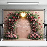Aperturee - Aperturee Valentine’s Day Photography Backdrop Secret Garden Pink Door Heart Background Floral Vine Photo Prop