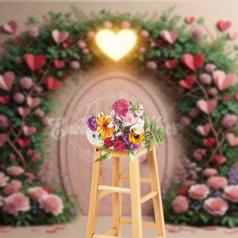 Aperturee - Aperturee Valentine’s Day Photography Backdrop Secret Garden Pink Door Heart Background Floral Vine Photo Prop