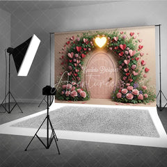 Aperturee - Aperturee Valentine’s Day Photography Backdrop Secret Garden Pink Door Heart Background Floral Vine Photo Prop