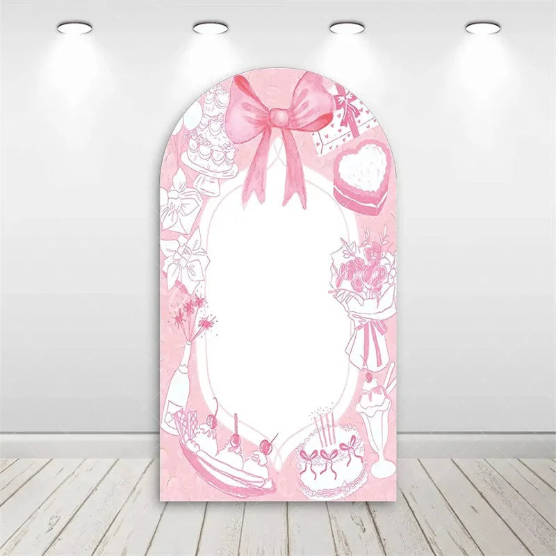 Aperturee - Aperturee Valentine’s Day Pink Bow Arch Backdrop Sweet Dessert Theme with Cake and Champagne Bridal Shower Decor