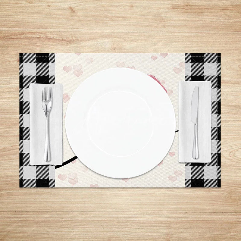 Aperturee - Aperturee Valentine’s Day Pink Heart and Love Set of 4 Placemats Black and White Buffalo Plaid Table Decor