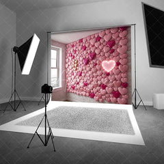 Aperturee - Aperturee Valentine’s Day Pink Hearts Wall Photography Backdrop Neon Light Romantic Love Photo Prop Sweet Room Decor