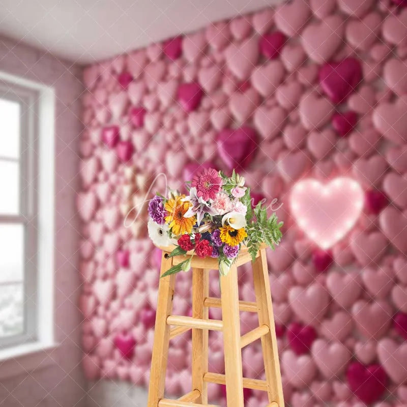 Aperturee - Aperturee Valentine’s Day Pink Hearts Wall Photography Backdrop Neon Light Romantic Love Photo Prop Sweet Room Decor