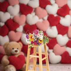 Aperturee - Aperturee Valentine’s Day Plush Hearts Backdrop Cute Teddy Bear Photography Background Red Pink Love Pillow Photo Prop