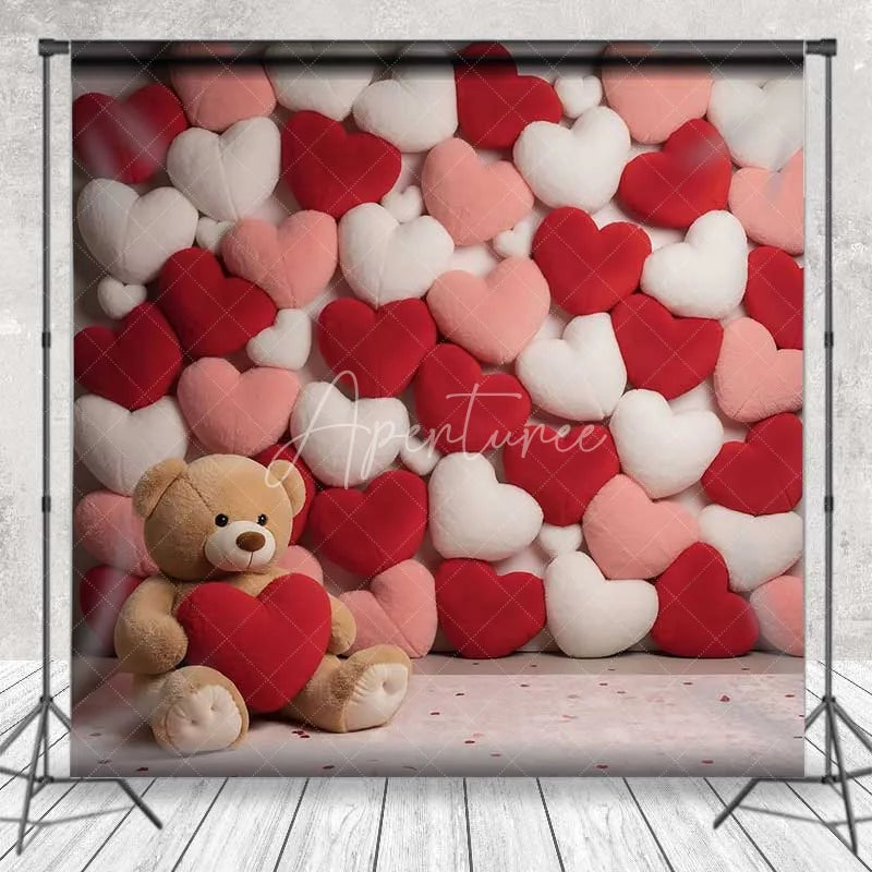 Aperturee - Aperturee Valentine’s Day Plush Hearts Backdrop Cute Teddy Bear Photography Background Red Pink Love Pillow Photo Prop