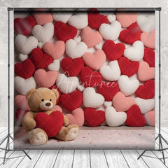 Aperturee - Aperturee Valentine’s Day Plush Hearts Backdrop Cute Teddy Bear Photography Background Red Pink Love Pillow Photo Prop