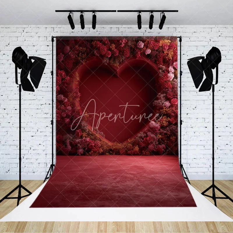 Aperturee - Aperturee Valentines Day Red Heart Flower Wall Backdrop Romantic Rose Photography Background