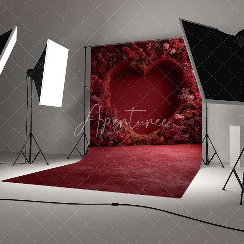 Aperturee - Aperturee Valentines Day Red Heart Flower Wall Backdrop Romantic Rose Photography Background