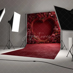 Aperturee - Aperturee Valentines Day Red Heart Flower Wall Backdrop Romantic Rose Photography Background