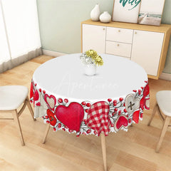 Aperturee - Aperturee Valentines Day Red Heart Round Tablecloth Romantic Plaid Love Pattern Table Cover for Wedding
