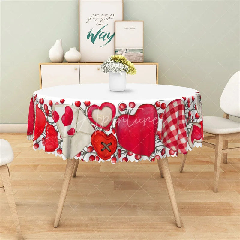Aperturee - Aperturee Valentines Day Red Heart Round Tablecloth Romantic Plaid Love Pattern Table Cover for Wedding