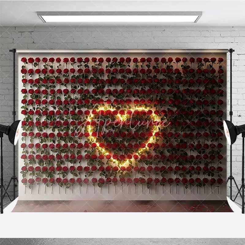Aperturee - Aperturee Valentine’s Day Red Rose Wall Photography Backdrop Glowing Heart Light Romantic Photo Background Floral Love Prop