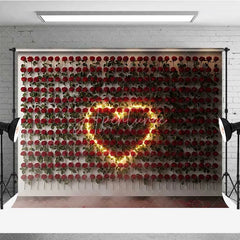 Aperturee - Aperturee Valentine’s Day Red Rose Wall Photography Backdrop Glowing Heart Light Romantic Photo Background Floral Love Prop