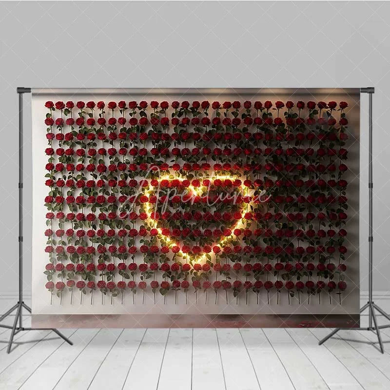 Aperturee - Aperturee Valentine’s Day Red Rose Wall Photography Backdrop Glowing Heart Light Romantic Photo Background Floral Love Prop