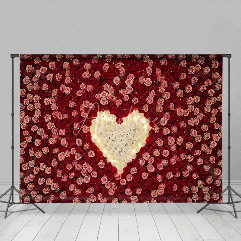 Aperturee - Aperturee Valentine’s Day Red Rose Wall Photography Backdrop White Flower Heart Shape Photo Background Floral Love Decor Prop