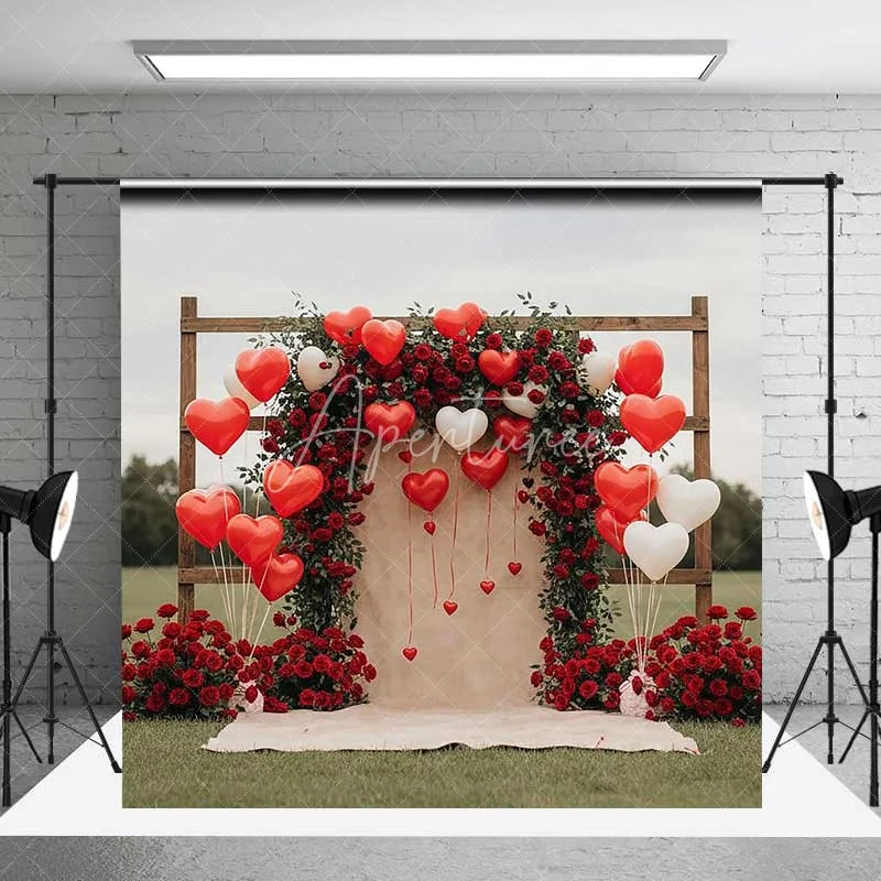 Aperturee - Aperturee Valentine’s Day Red Roses Backdrop Heart Balloons Wooden Arch Photography Background Romantic Love Photo Prop