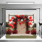 Aperturee - Aperturee Valentine’s Day Red Roses Backdrop Heart Balloons Wooden Arch Photography Background Romantic Love Photo Prop