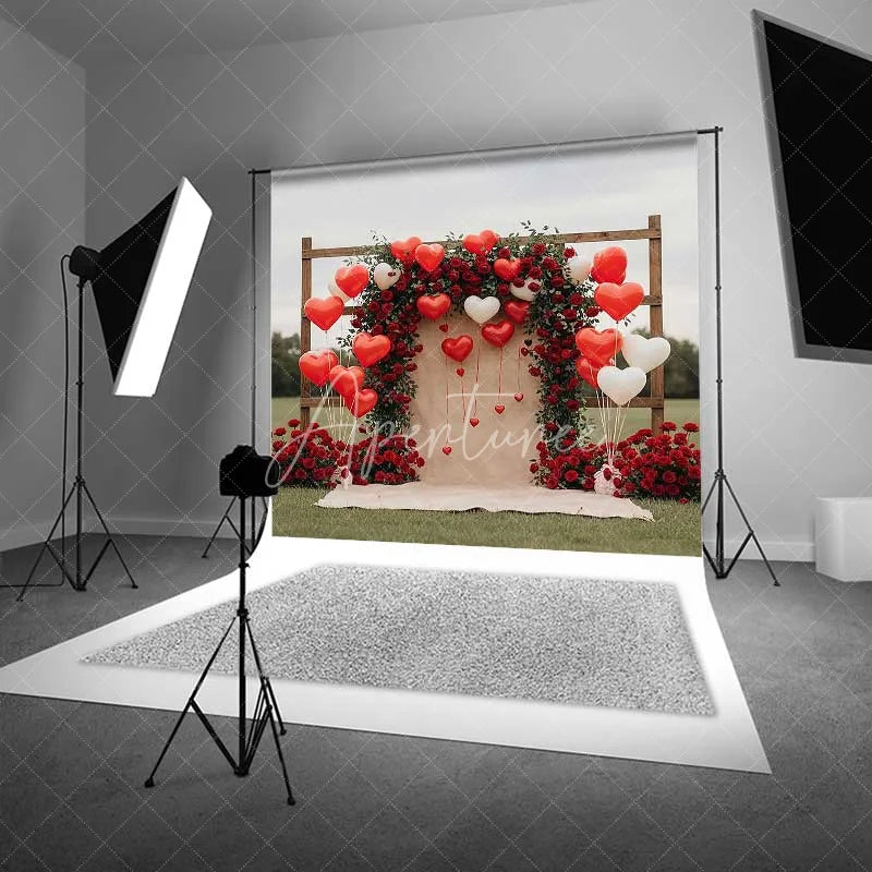 Aperturee - Aperturee Valentine’s Day Red Roses Backdrop Heart Balloons Wooden Arch Photography Background Romantic Love Photo Prop