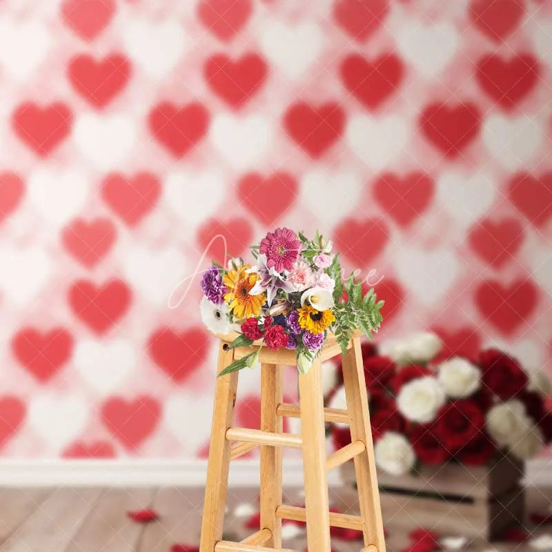 Aperturee - Aperturee Valentine’s Day Red White Roses Photography Backdrop Blurred Heart Pattern Wooden Floor Photo Prop Romantic Floral