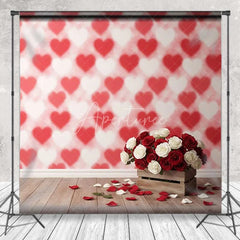 Aperturee - Aperturee Valentine’s Day Red White Roses Photography Backdrop Blurred Heart Pattern Wooden Floor Photo Prop Romantic Floral