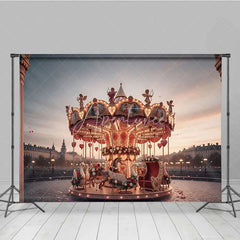 Aperturee - Aperturee Valentine’s Day Romantic Carousel Photography Backdrop Merry Go Round Sunset City Photo Background Love Swan Prop