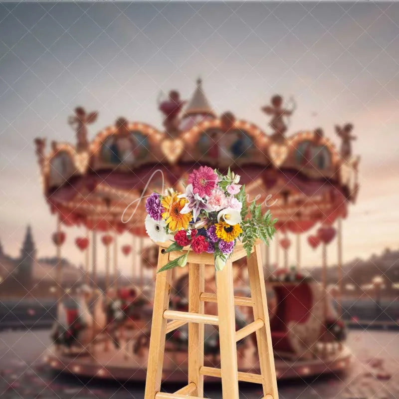 Aperturee - Aperturee Valentine’s Day Romantic Carousel Photography Backdrop Merry Go Round Sunset City Photo Background Love Swan Prop