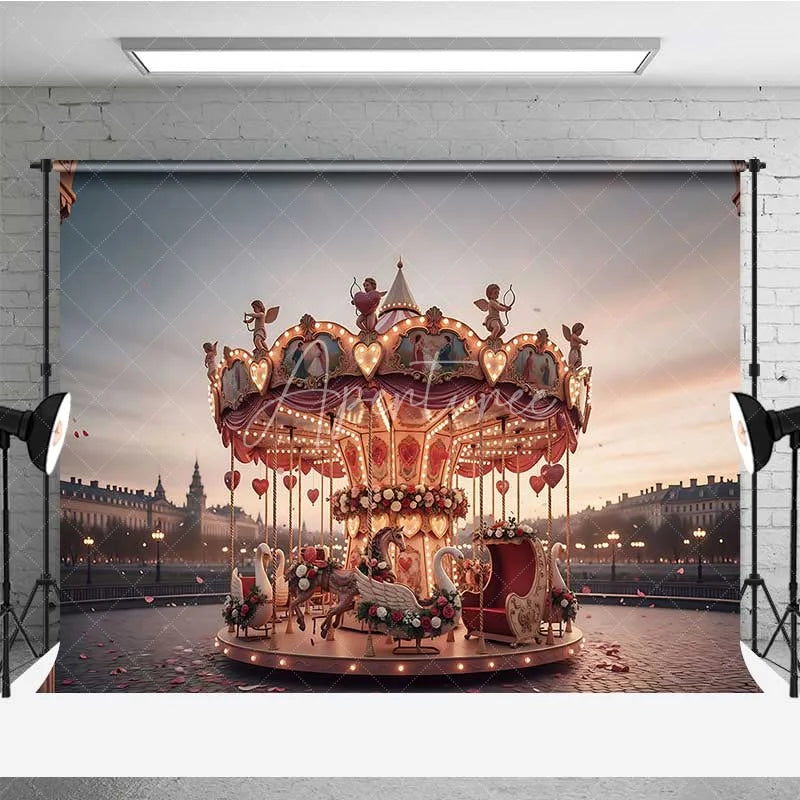 Aperturee - Aperturee Valentine’s Day Romantic Carousel Photography Backdrop Merry Go Round Sunset City Photo Background Love Swan Prop