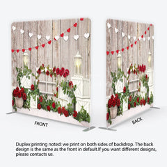 Aperturee - Aperturee Valentine’s Day Tension Fabric Backdrop Rustic Wood and Red Roses Wedding Party Decor
