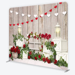 Aperturee - Aperturee Valentine’s Day Tension Fabric Backdrop Rustic Wood and Red Roses Wedding Party Decor
