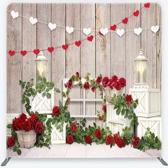 Aperturee - Aperturee Valentine’s Day Tension Fabric Backdrop Rustic Wood and Red Roses Wedding Party Decor