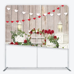 Aperturee - Aperturee Valentine’s Day Tension Fabric Backdrop Rustic Wood and Red Roses Wedding Party Decor