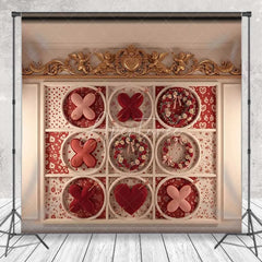 Aperturee - Aperturee Valentine’s Day Tic Tac Toe Photography Backdrop Romantic Love Game Floral Wreath Photo Prop Gold Cherub Decor