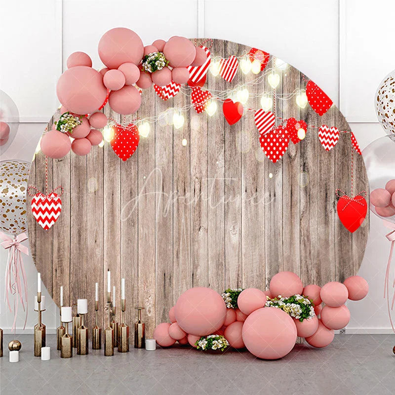 Aperturee - Aperturee Valentines Day Wood Heart Round Backdrop Rustic Wooden Plank with Heart Lights Photography Background