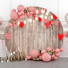 Aperturee - Aperturee Valentines Day Wood Heart Round Backdrop Rustic Wooden Plank with Heart Lights Photography Background