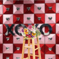 Aperturee - Aperturee Valentine’s Day XOXO Photography Backdrop Red Pink Geometric Tiles Silver Hearts Photo Prop Modern Love Decor
