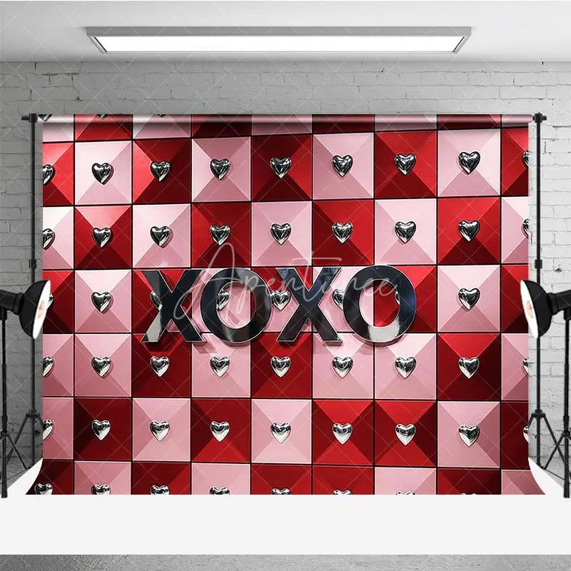 Aperturee - Aperturee Valentine’s Day XOXO Photography Backdrop Red Pink Geometric Tiles Silver Hearts Photo Prop Modern Love Decor