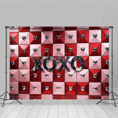 Aperturee - Aperturee Valentine’s Day XOXO Photography Backdrop Red Pink Geometric Tiles Silver Hearts Photo Prop Modern Love Decor