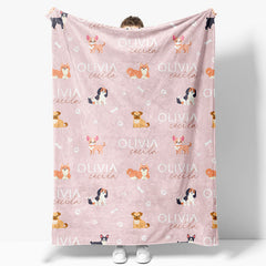 Aperturee - Aperturee Various Dogs Bones Paws Pink Custom Name Blanket