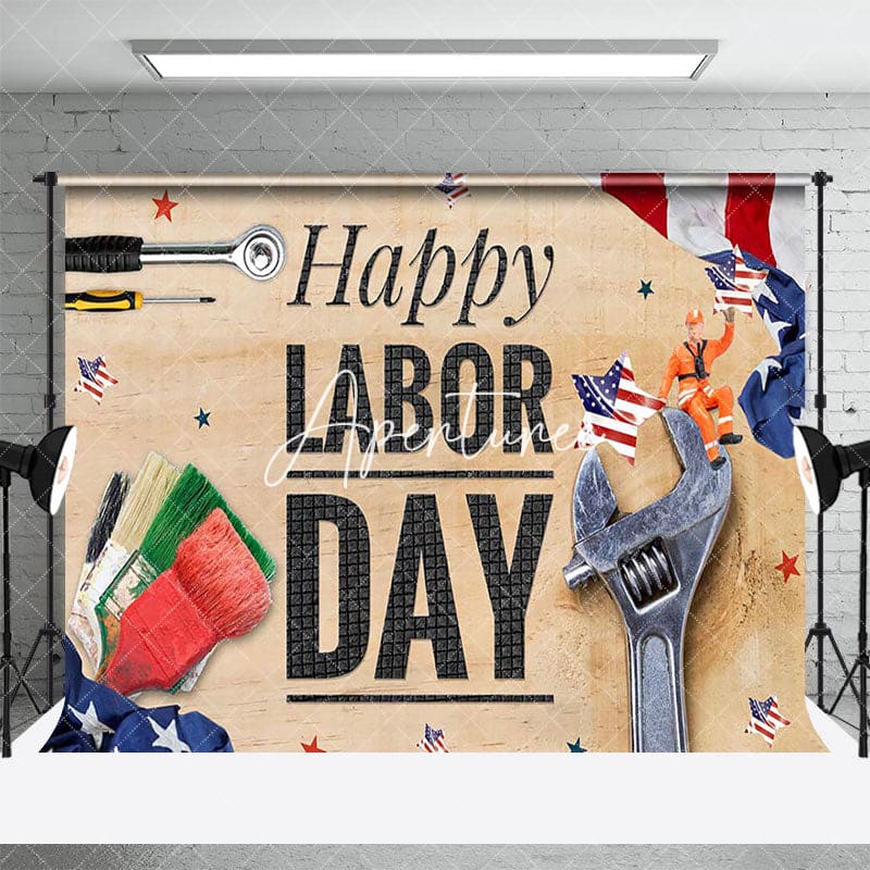 Aperturee - Aperturee Various Tools Wood Grain Happy Labor Day Backdrop