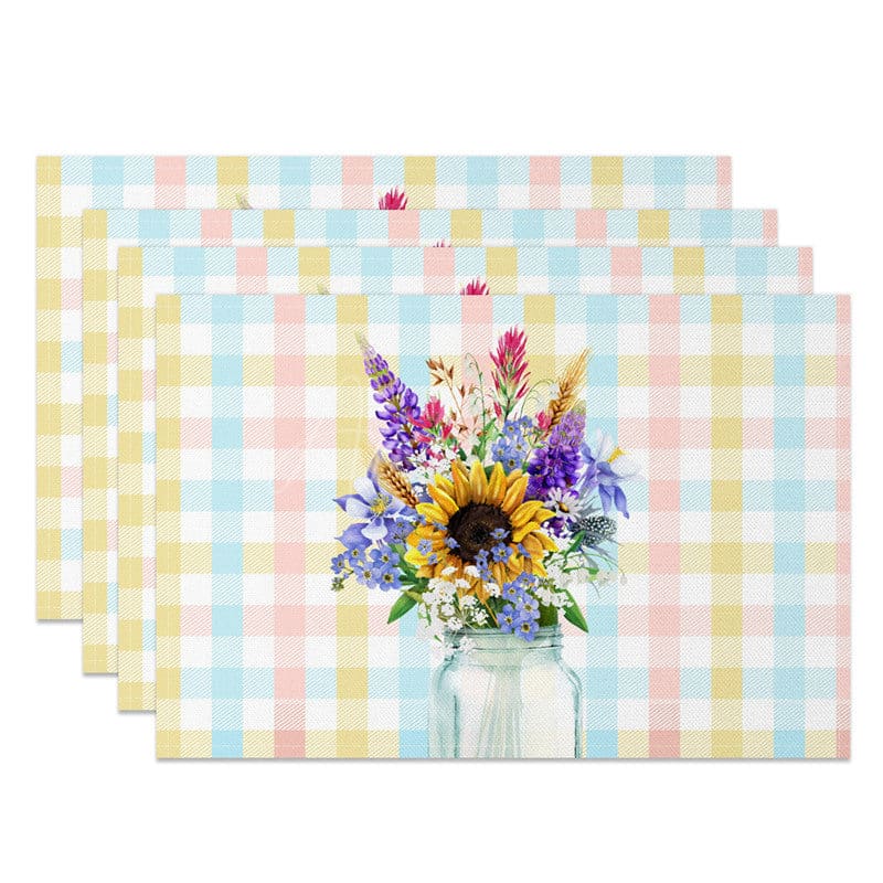 Aperturee - Aperturee Vase Floral Colorful Plaid Dining Set of 4 Placemats